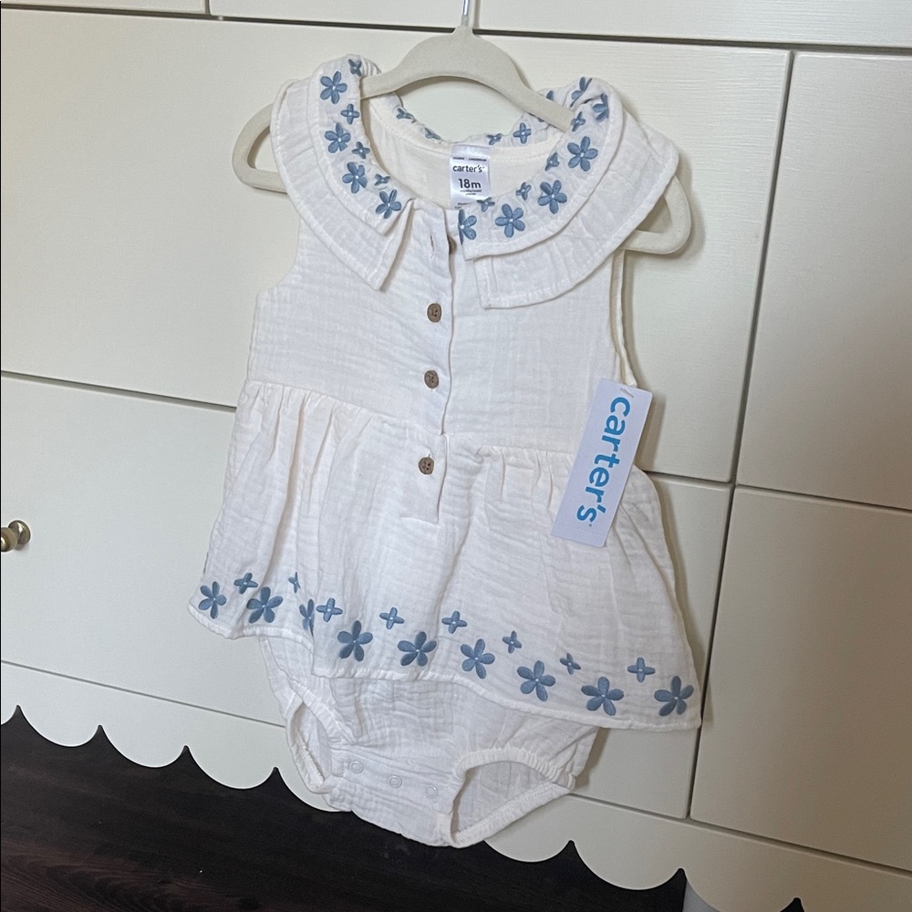 Carter's White Dress-Style Bodysuit with Blue Floral Trim